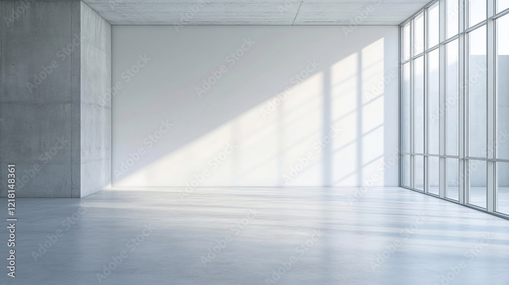 Fototapeta premium Sunlit empty modern concrete room, large window, minimalist design, ideal for display