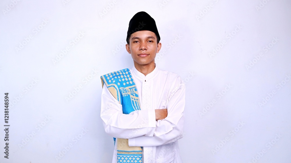 handsome young asian muslim smiling expression crossed hands gesture isolated white background