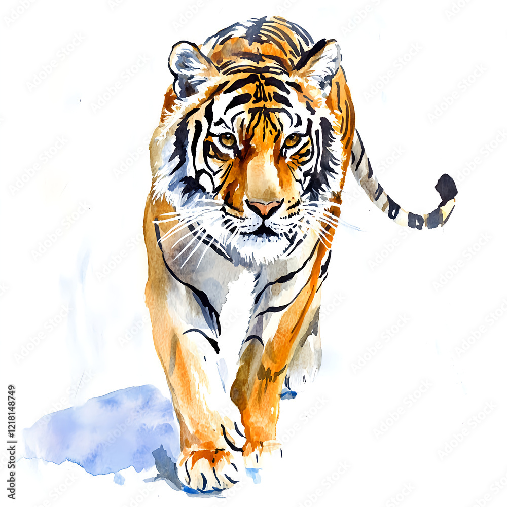 Fototapeta premium Watercolor, a simple illustration of a tiger walking, on a white background. 