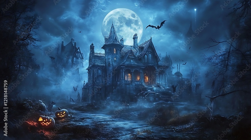 Obraz premium A Haunted Mansion on a Foggy Halloween Night
