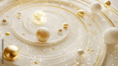 Golden spheres orbiting, white platform, sparkling background, festive design