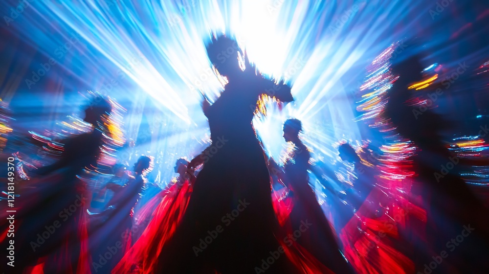 Fototapeta premium Ballroom dancers twirling, vibrant stage lights, motion blur, event promotion