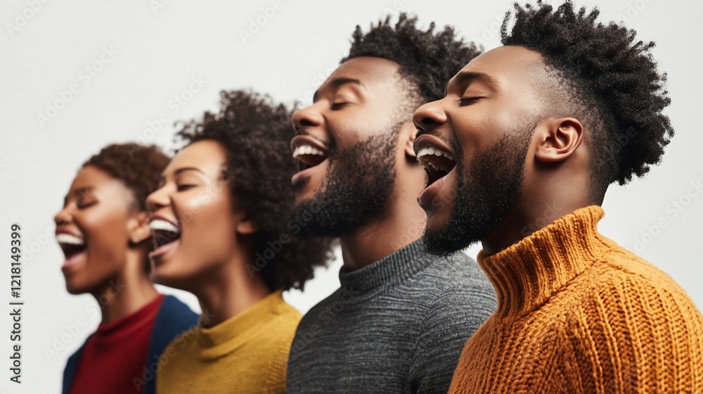 Obraz premium Joyful quartet singing, profile view, studio, white background, music promotion