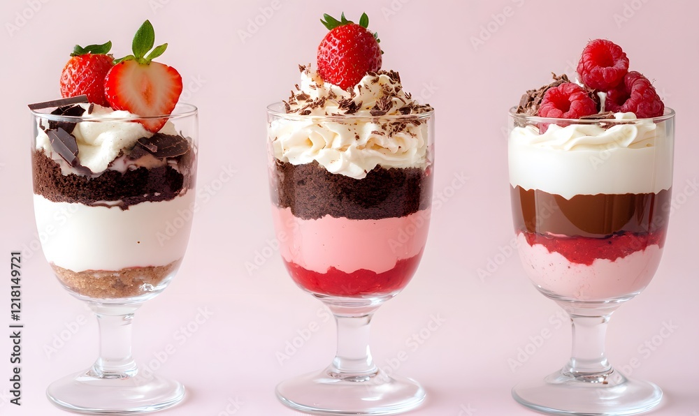Close-up of elegant glass desserts themed around fruits such as strawberries and blueberries, each with unique layers and textures. Generative AI Close-up of elegant glass desserts themed around fruits such as strawberries and blueberries, each with unique layers and textures. Generative AI