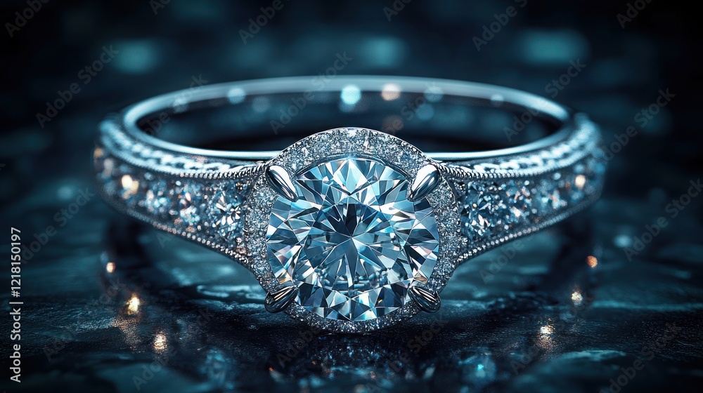 Sparkling diamond engagement ring with intricate detailing on a dark background. Sparkling diamond engagement ring with intricate detailing on a dark background.