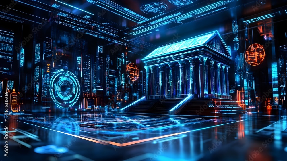 Fototapeta premium futuristic digital temple, neon cyberpunk - cyberpunk aesthetics