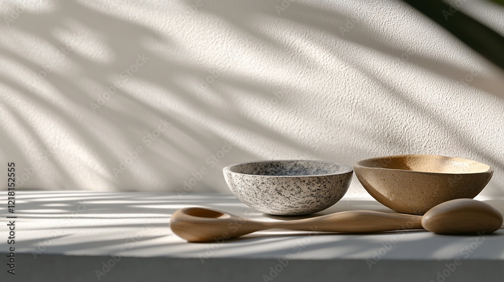 Wooden bowls, ceramic bowl, spoon, sunlight shadows, minimalist table setting Wooden bowls, ceramic bowl, spoon, sunlight shadows, minimalist table setting