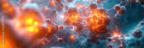 Abstract fiery molecular structure, glowing network, vibrant energy, microscopic view