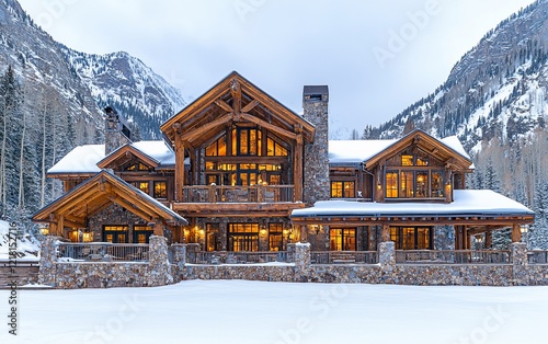 Luxurious log cabin in snowy mountains at dusk.