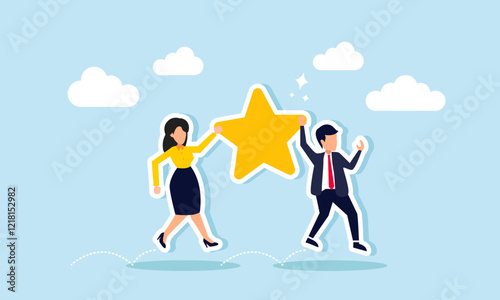 A businessman and businesswoman together carry a star with joy, illustration of a joint venture or business collaboration to improve business quality