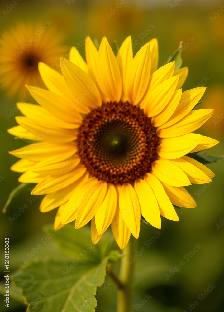 Close-up of a vibrant sunflower in full bloom, captured against a green field under soft natural lighting. Close-up of a vibrant sunflower in full bloom, captured against a green field under soft natural lighting.