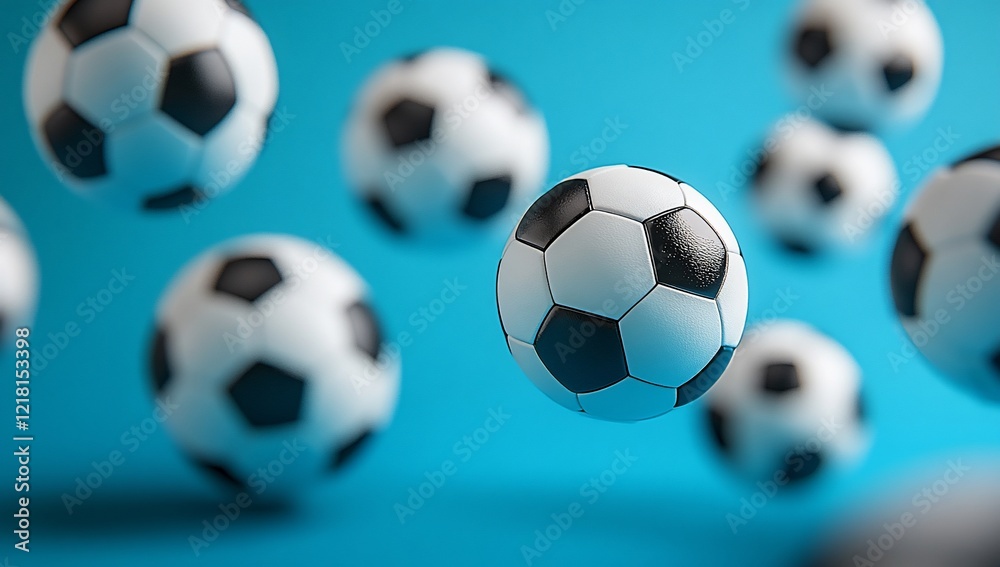 Soccer Balls in Motion: A Dynamic 3D Render of Flying Footballs Against a Vibrant Blue Background Soccer Balls in Motion: A Dynamic 3D Render of Flying Footballs Against a Vibrant Blue Background