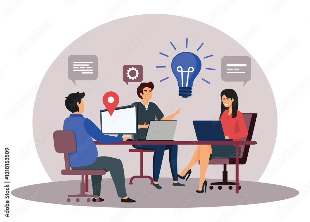 Business communication concept. Group of employees discussing idea at table. Business communication concept. Group of employees discussing idea at table.