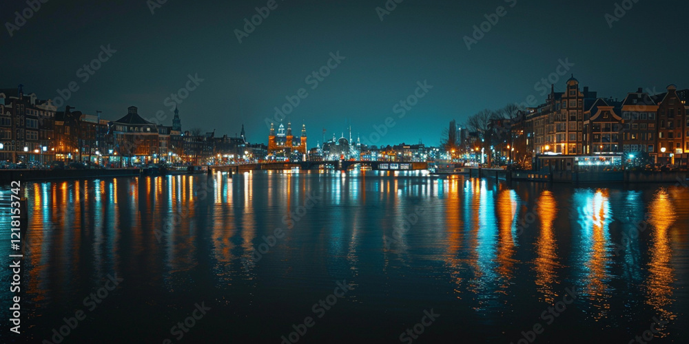 Night view of a cityscape with reflections on water.
Night view of a cityscape with reflections on water.