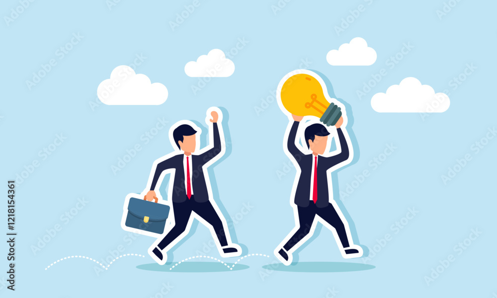 A businessman chases another businessman carrying a lamp, illustration of seeking business ideas and innovations through consultation with a business partner A businessman chases another businessman carrying a lamp, illustration of seeking business ideas and innovations through consultation with a business partner