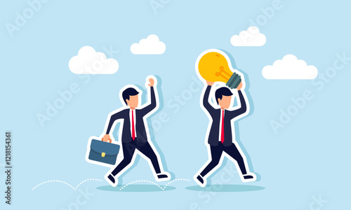 A businessman chases another businessman carrying a lamp, illustration of seeking business ideas and innovations through consultation with a business partner