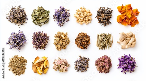 Assorted dried herbs & tea blends on white background for packaging design