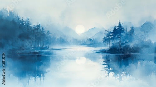 Serene Blue Lake Landscape with Misty Mountains and Pines
