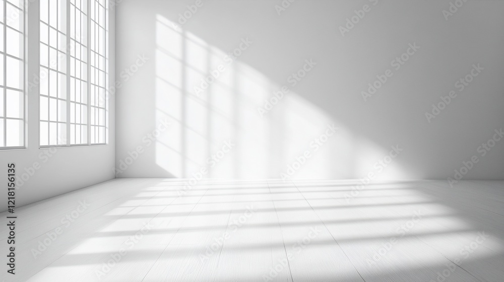 Obraz premium Sunlight streams into empty white room, showcasing spacious interior for design