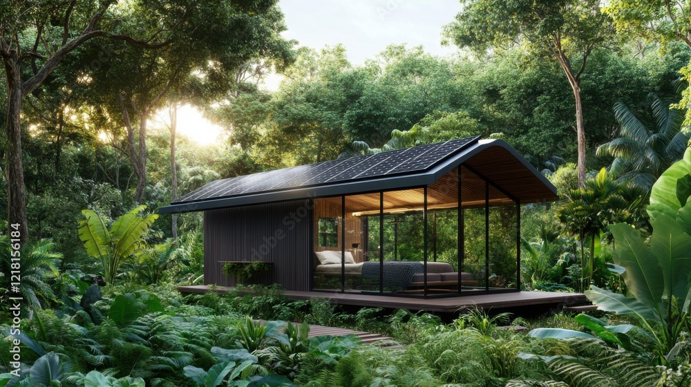 Modern Eco-Friendly House Surrounded by Lush Green Forest with Solar Panels on Roof, Emphasizing Nature and Sustainable Living in a Scenic Landscape Modern Eco-Friendly House Surrounded by Lush Green Forest with Solar Panels on Roof, Emphasizing Nature and Sustainable Living in a Scenic Landscape