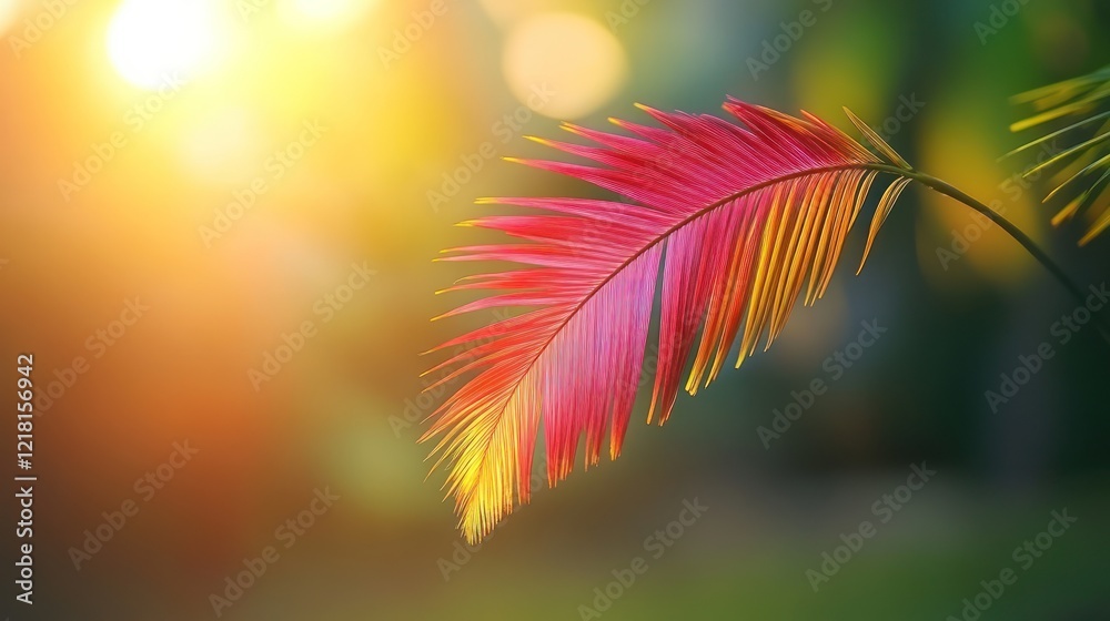 Naklejka premium Sunset Palm Leaf: A Vibrant Tropical Image