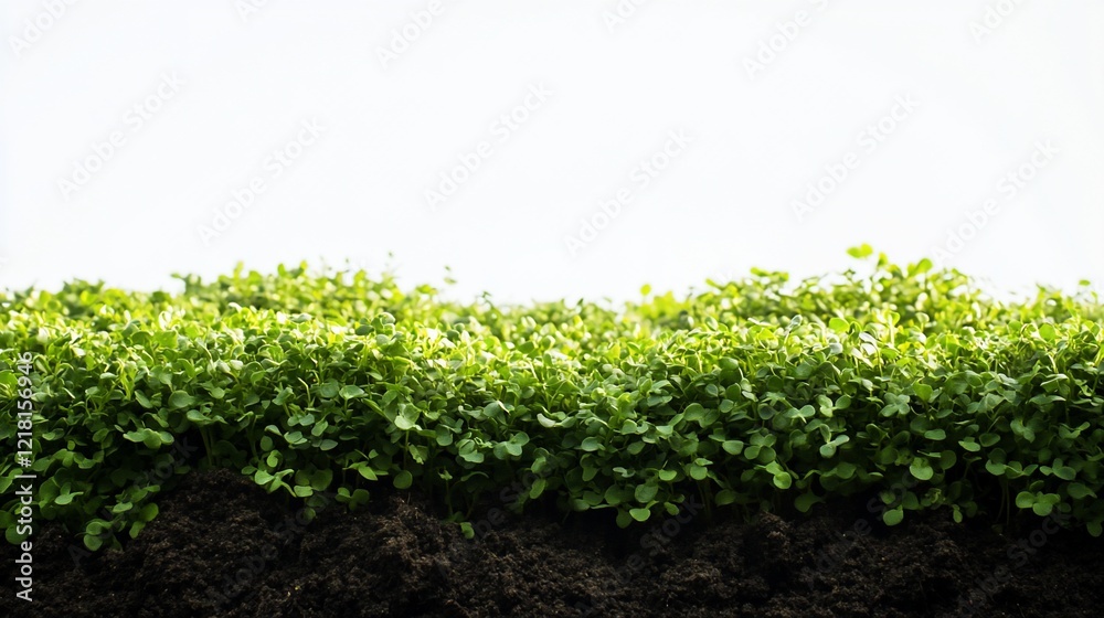 Lush green sprouts growing in soil against a bright sky, ideal for agriculture or food packaging Lush green sprouts growing in soil against a bright sky, ideal for agriculture or food packaging