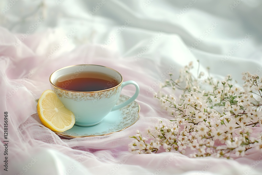 Fototapeta premium Elegant Cup of Tea with Lemon and Flowers