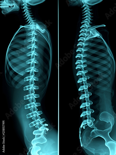 X ray of thoracolumbar spine in right bending and anteroposterior view for scoliosis assessment photo