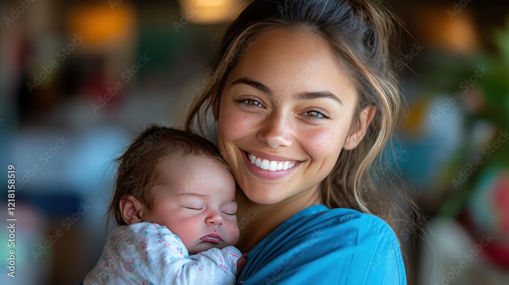 Fototapeta premium Happy mother holding sleeping baby in cafe