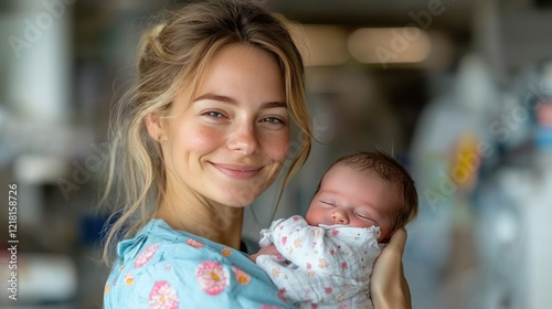 Mother holding newborn, hospital, smiling, postpartum, healthcare