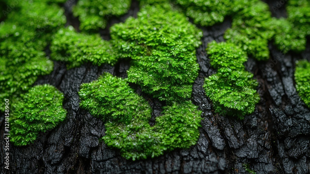 Obraz premium Lush green moss thriving on dark charred wood
