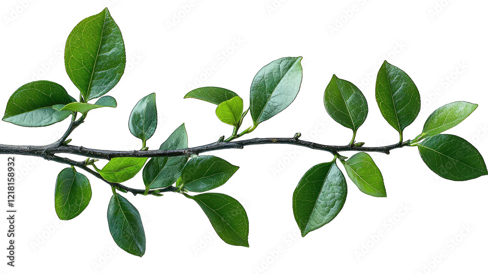 Fototapeta premium Green leaves on a branch against black background, graphic design element