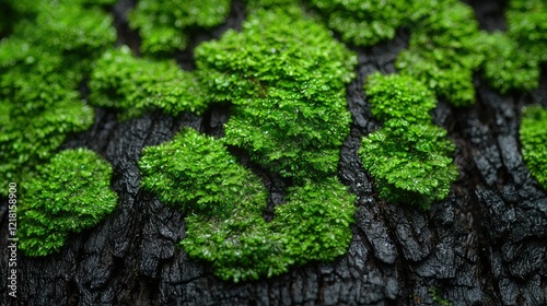 Lush green moss thriving on dark charred wood photo