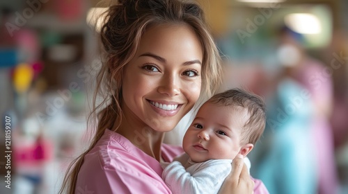 Happy mother holding baby, hospital, blurred background, maternity