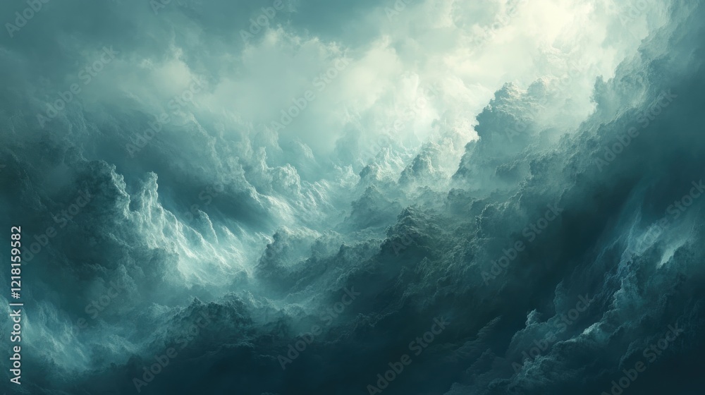 A Dramatic Seascape of Clouds: Teal and White Hues Dominate a Whimsical Cloudscape A Dramatic Seascape of Clouds: Teal and White Hues Dominate a Whimsical Cloudscape