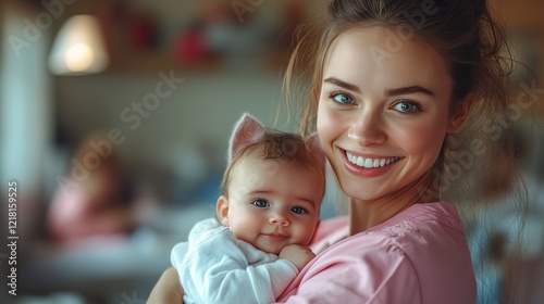 Happy mother holding baby, home, blurred child background, family portrait