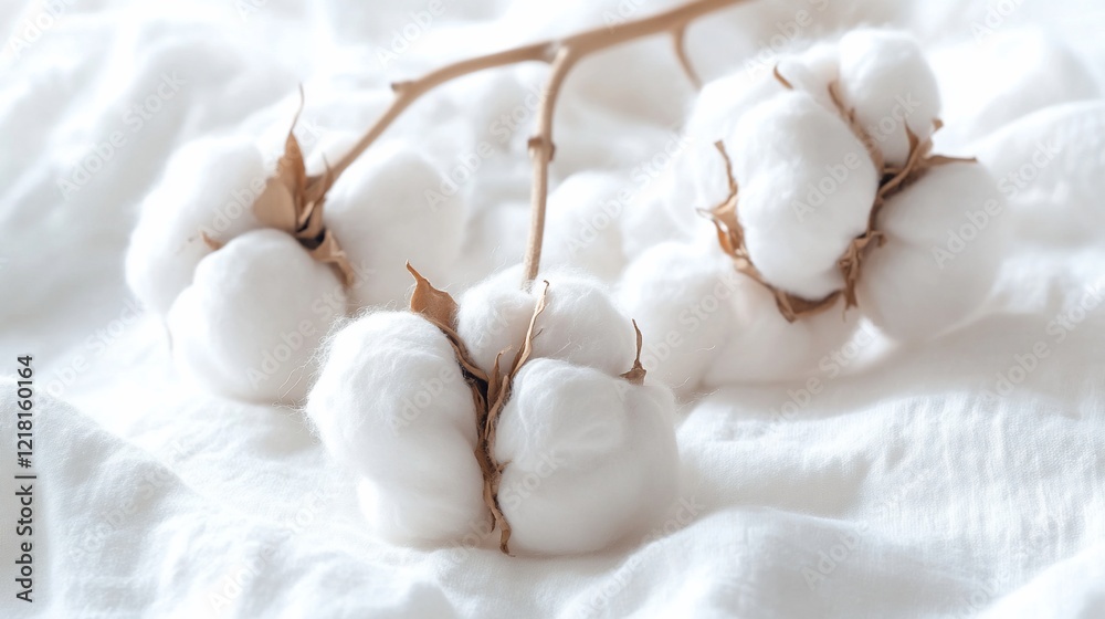 Fluffy cotton blooms on white fabric, soft background, textile product photography Fluffy cotton blooms on white fabric, soft background, textile product photography