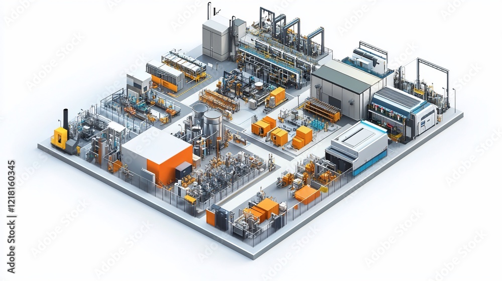 Automated factory floor isometric rendering, production line, industrial equipment, manufacturing process, white background, for industry brochures Automated factory floor isometric rendering, production line, industrial equipment, manufacturing process, white background, for industry brochures
