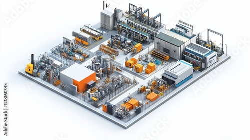 Automated factory floor isometric rendering, production line, industrial equipment, manufacturing process, white background, for industry brochures