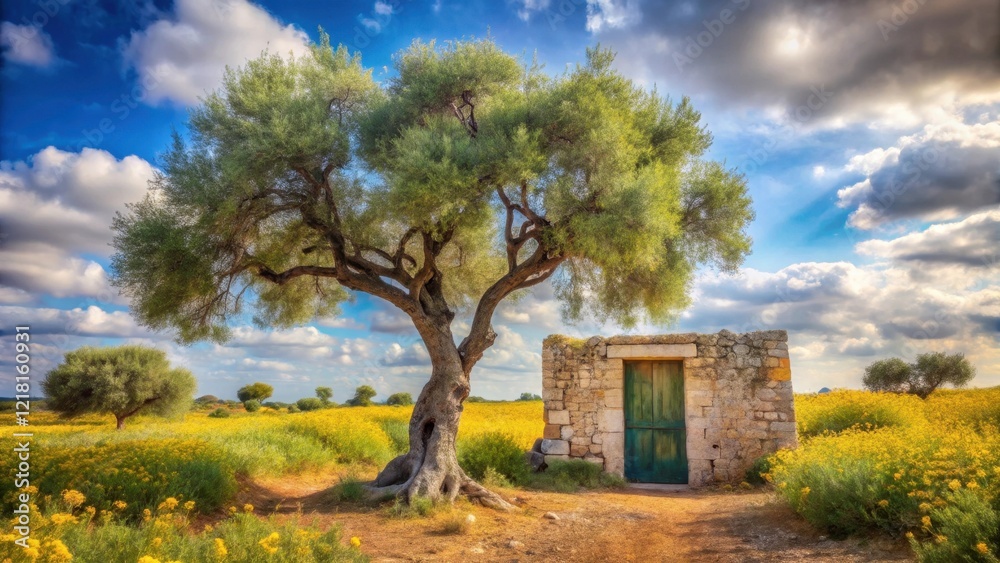 Obraz premium Serene Landscape Featuring Ancient Stone Structure and Majestic Tree in a Field of Yellow Flowers
