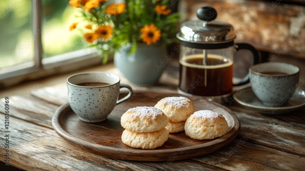 A rustic scene with a freshly brewed French press coffee and homemade biscuits on a wooden table. A rustic scene with a freshly brewed French press coffee and homemade biscuits on a wooden table.