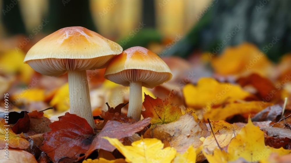 Mushroom on a bed of colorful autumn leaves in natural environment Mushroom on a bed of colorful autumn leaves in natural environment
