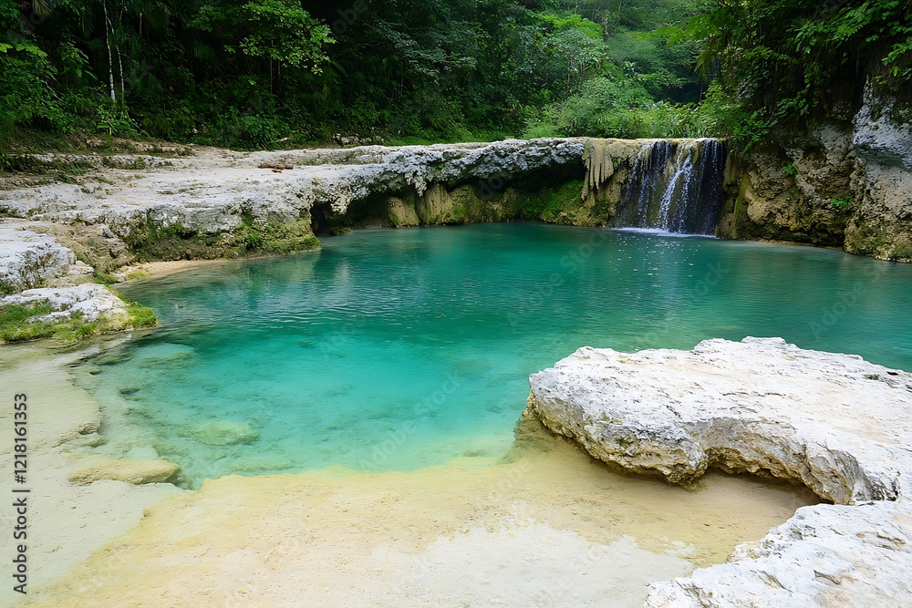Naklejka premium Serene Turquoise Waterfall Pool in Nature