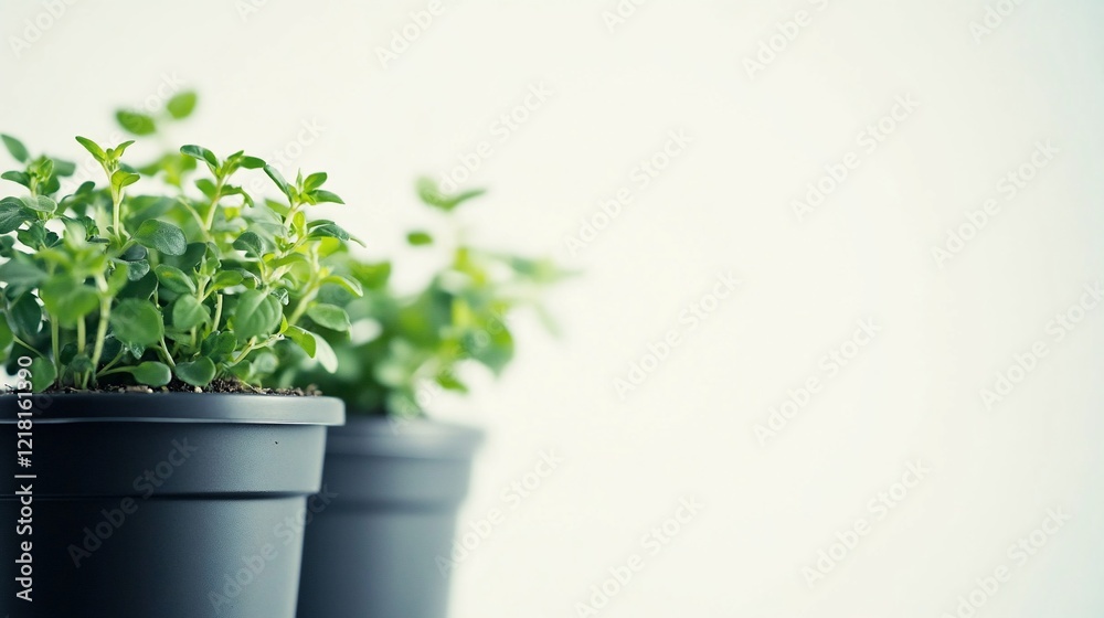 Fototapeta premium Oregano plants potted indoors, bright background, cooking