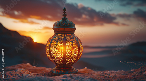 Ornate lantern glowing at sunset in desert.