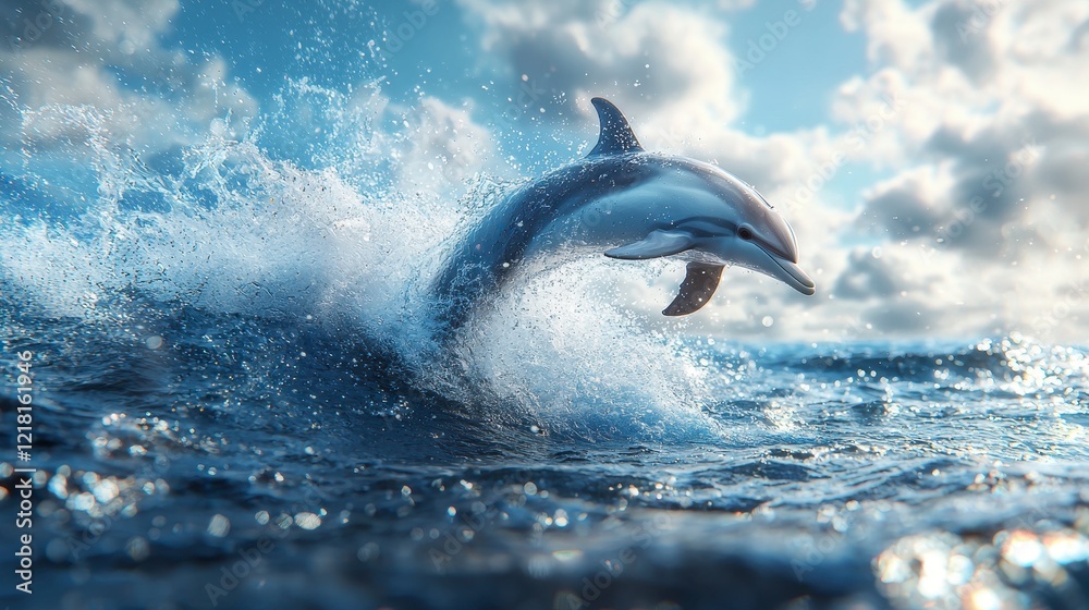 Fototapeta premium Dolphin leaping ocean wave sunny sky nature wildlife