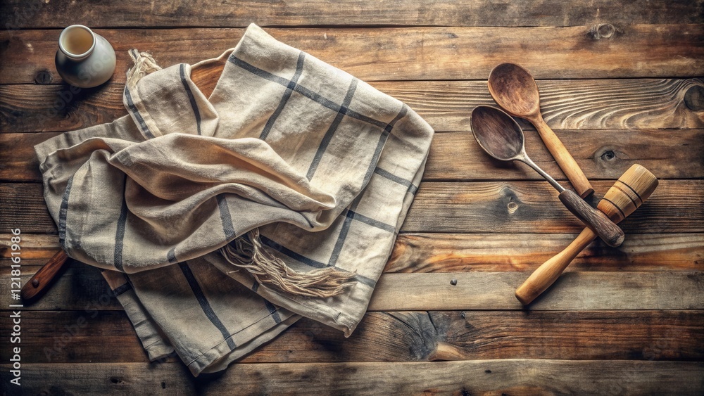 Rustic Kitchen Still Life Wooden Spoons, Mortar, Linen Towel, and Small Pitcher on Weathered Wooden Table Rustic Kitchen Still Life Wooden Spoons, Mortar, Linen Towel, and Small Pitcher on Weathered Wooden Table