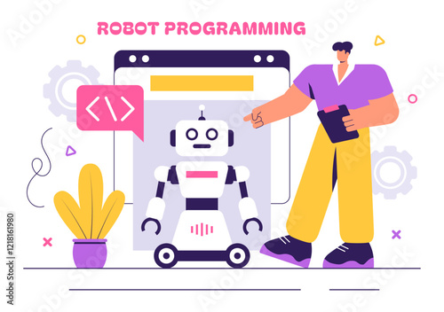 Robot Programming Vector Illustration Featuring an Artificial Intelligence Robot Interacting with a Digital Data Interface for Advanced Technology