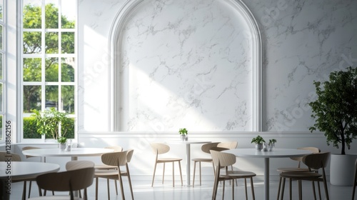 Modern cafe interior with marble wall and green trees outside photo