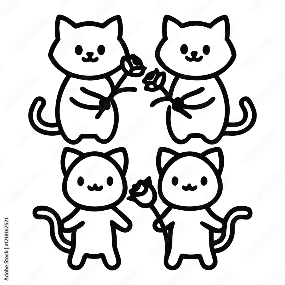 Cute Cartoon Cats Giving Flowers, Perfect for Valentine's Day Cute Cartoon Cats Giving Flowers, Perfect for Valentine's Day